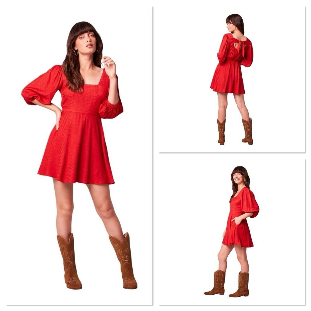 BOG Band of the Free Josette Aurora Red Puff Long Sleeve Mini Dress Size XS Newโ